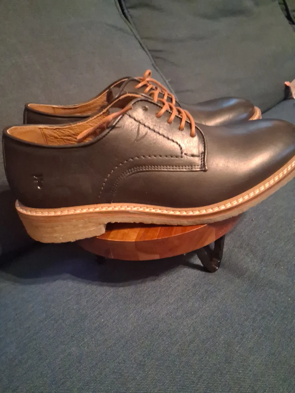 Frye Black Leather Derby Shoes with Tan Laces